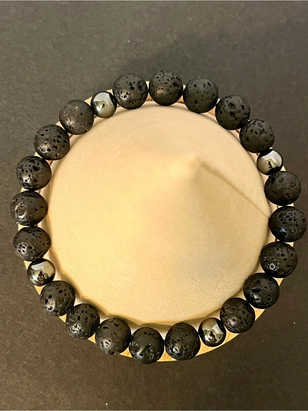 Extra Large Mens Black Lava Stone Beaded Bracelet with Hematite Accents